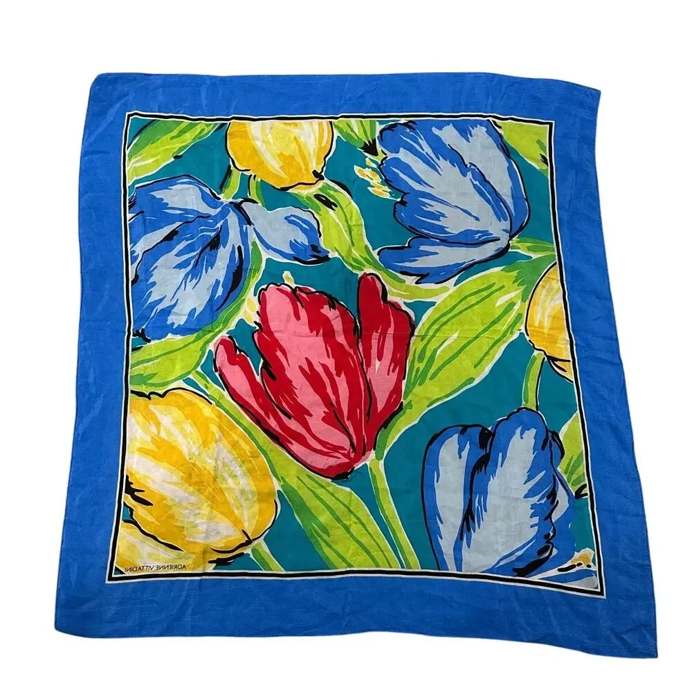 Adrienne Vittadini Vintage Silk Neck Scarf Botanical Floral Color Block 30x30